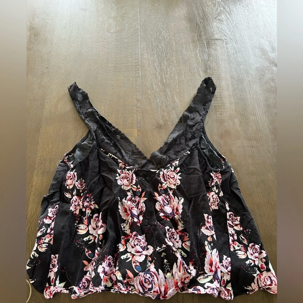 Free people intimately free morning rose floral Tank top black lace trim pink
